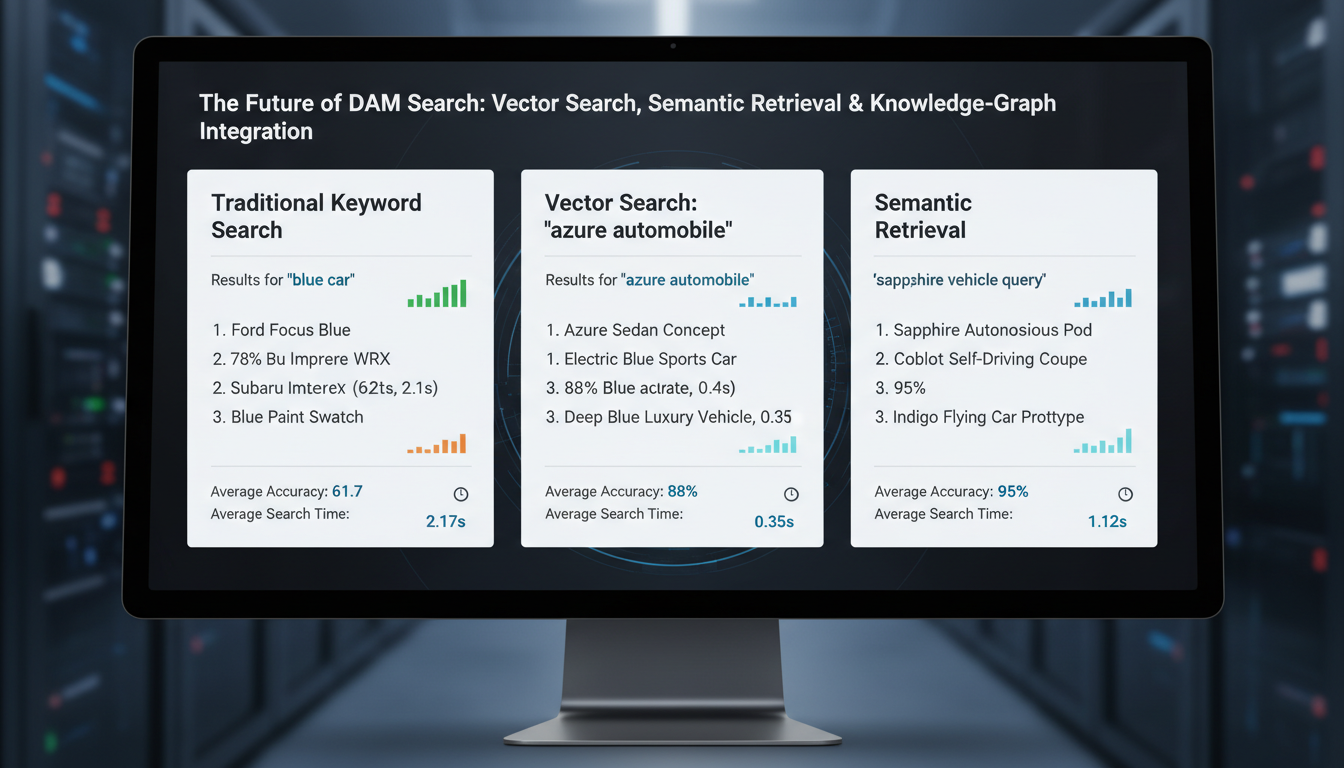 Dashboard comparing vector search DAM vs semantic retrieval performance with accuracy metrics and search times displayed