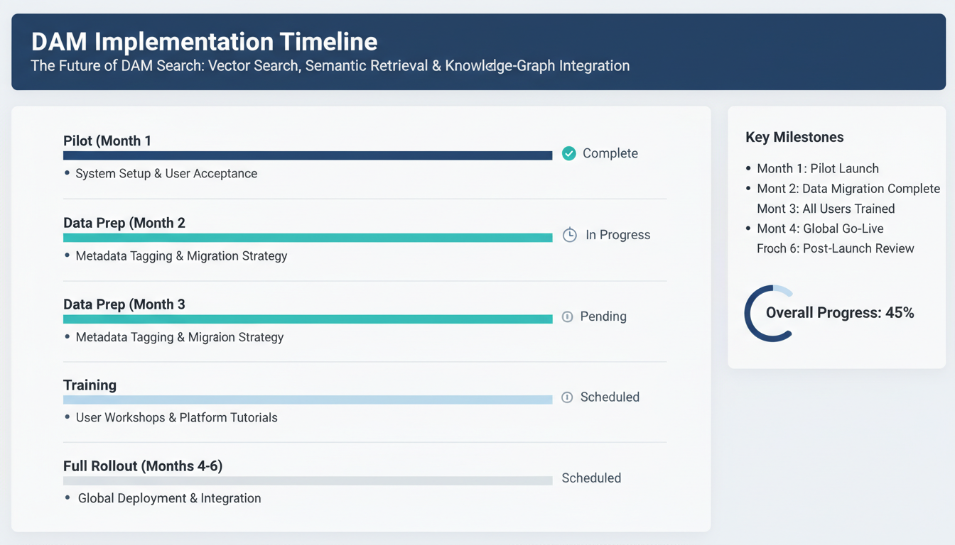 DAM implementation timeline dashboard showing 4-phase rollout with vector search and semantic retrieval integration milestone