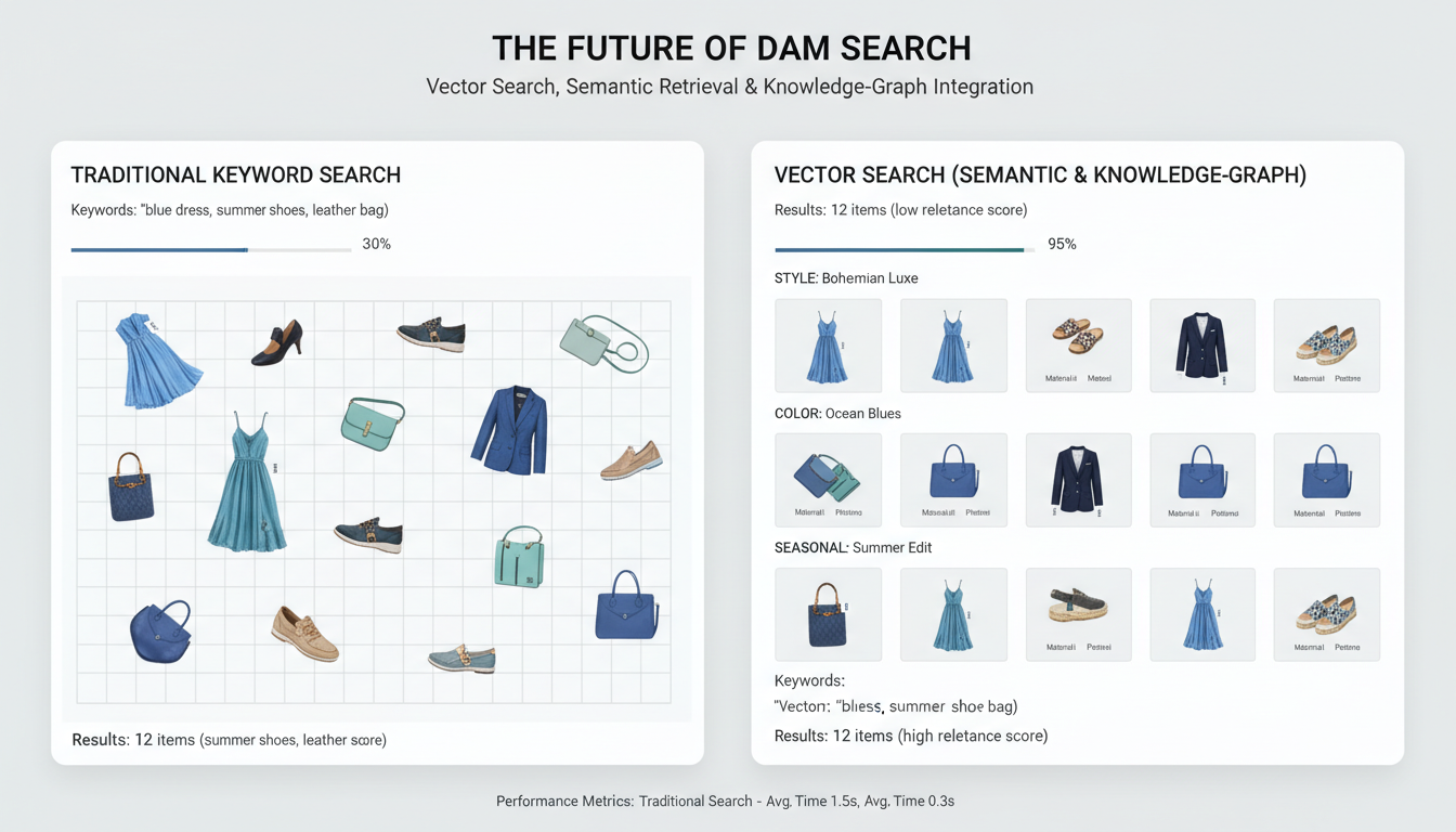 Vector search DAM dashboard comparing traditional keyword results vs semantic retrieval with organized fashion items by style