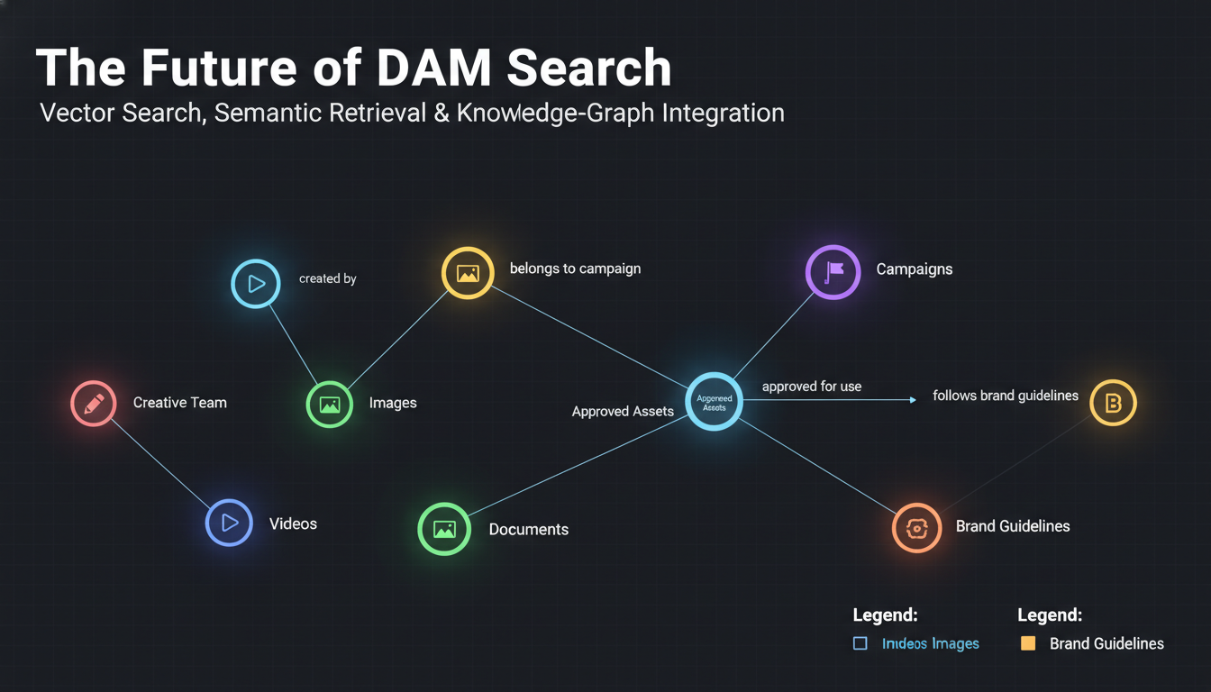 Knowledge graph DAM visualization with interconnected nodes showing vector search and semantic retrieval connections