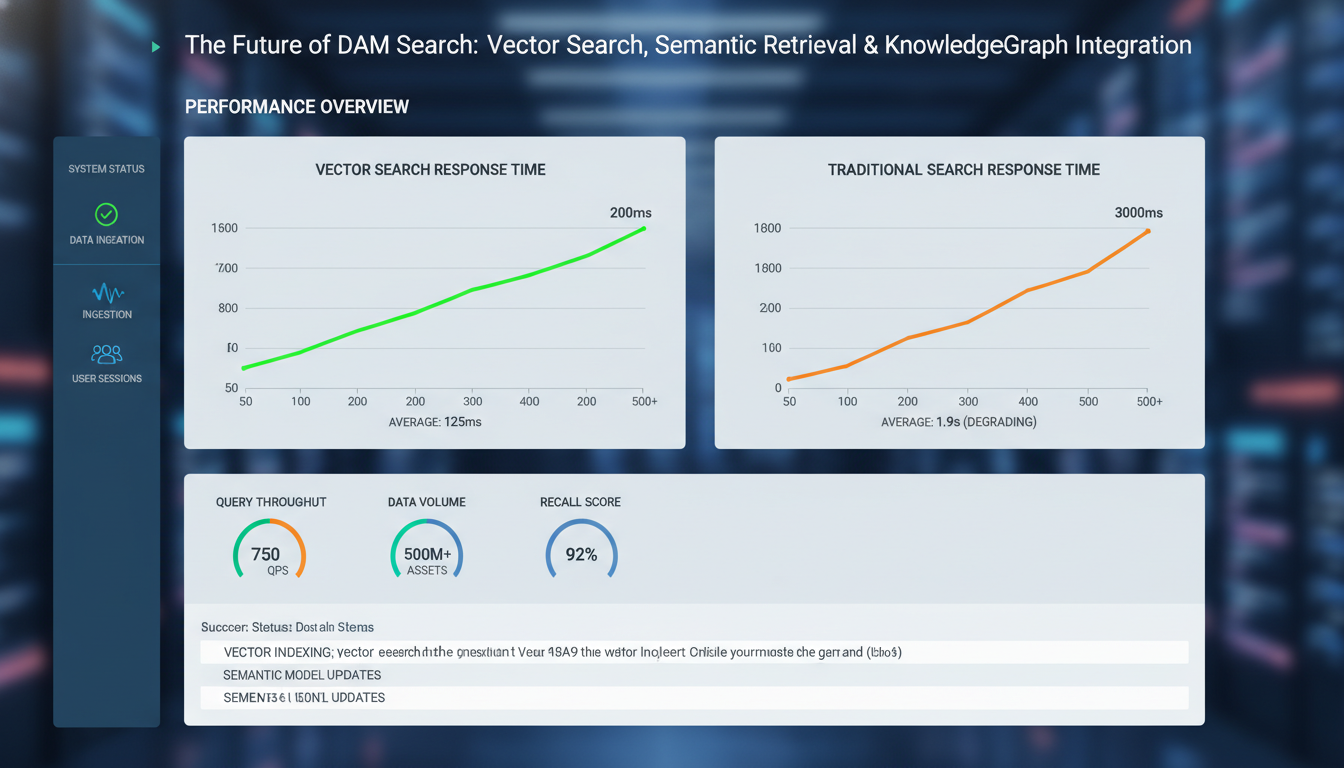 Vector search DAM performance dashboard showing sub-200ms response times vs traditional search degrading to 3+ seconds