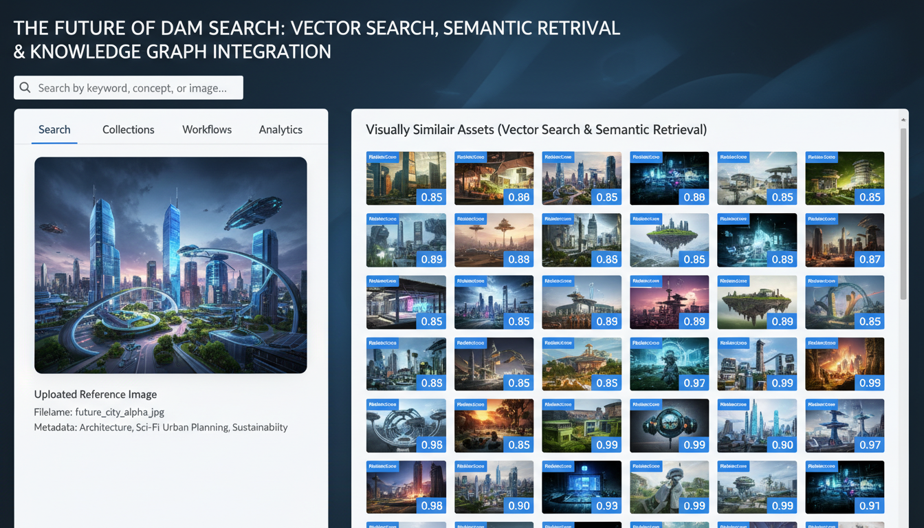 Vector search DAM interface displaying reference image and semantically similar assets with relevance scores for retrieval