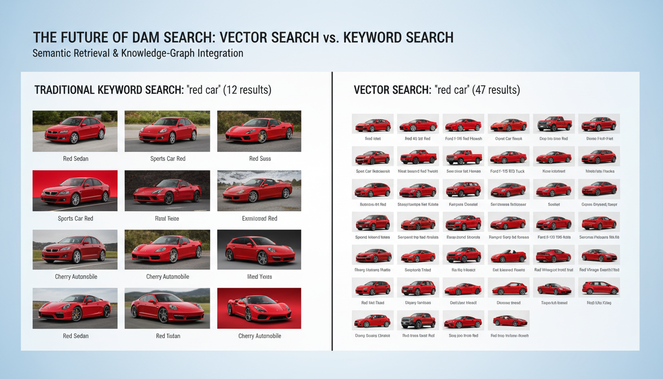 Vector search DAM comparison showing 47 red car results vs 12 traditional keyword results with vehicle thumbnails