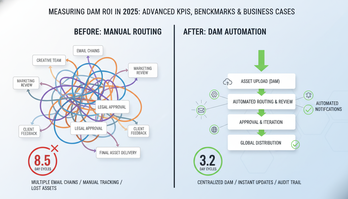 DAM ROI workflow comparison showing manual 8.5-day cycles vs automated 3.2-day cycles with streamlined digital asset manageme