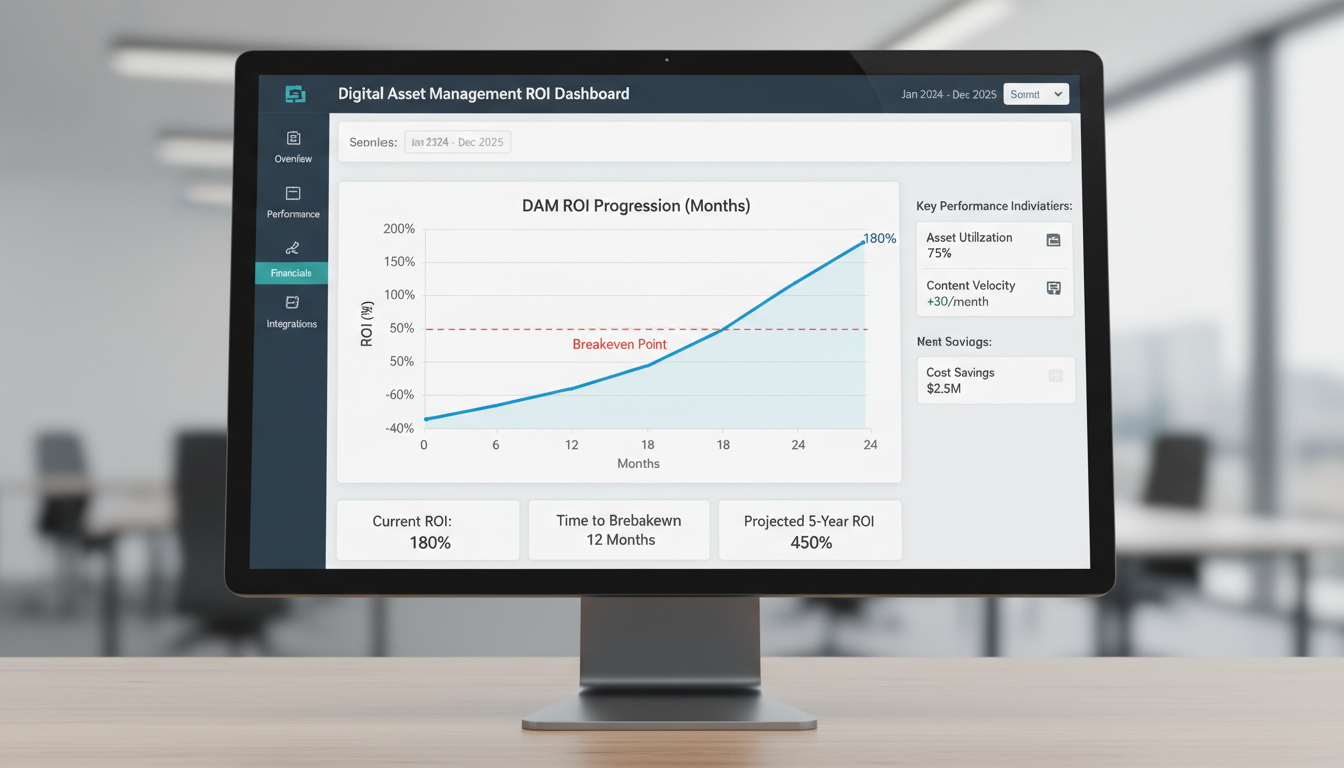 DAM ROI dashboard showing timeline from negative returns to 180% ROI by month 24 with key performance metrics and KPIs