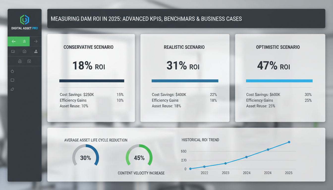 DAM ROI dashboard displaying three scenarios: 18% conservative, 31% realistic, 47% optimistic returns with KPI metrics
