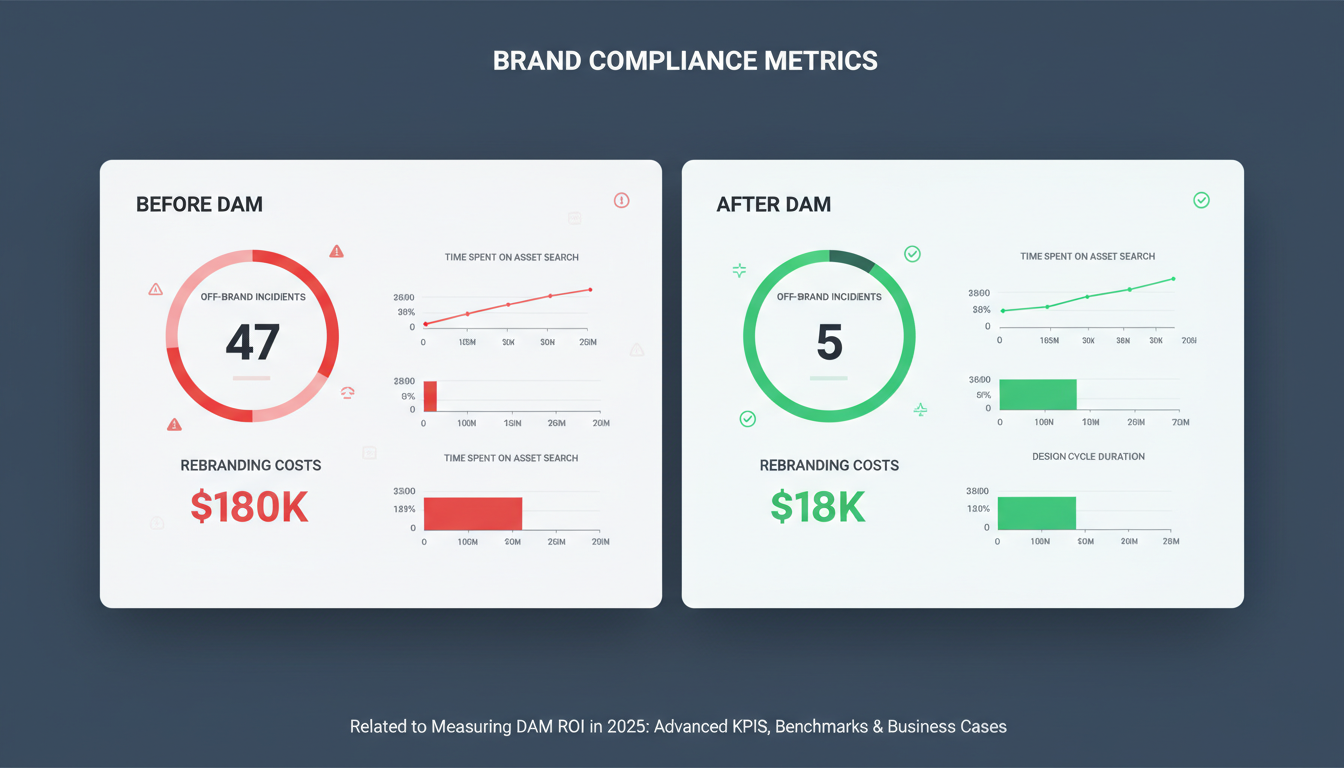DAM ROI dashboard showing before vs after metrics: 47 to 5 brand incidents, $180K to $18K costs demonstrating DAM business ca