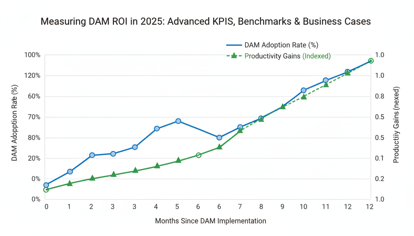 DAM ROI curve showing flat productivity for 6 months then sharp gains through month 12 with labeled KPIs and benchmarks
