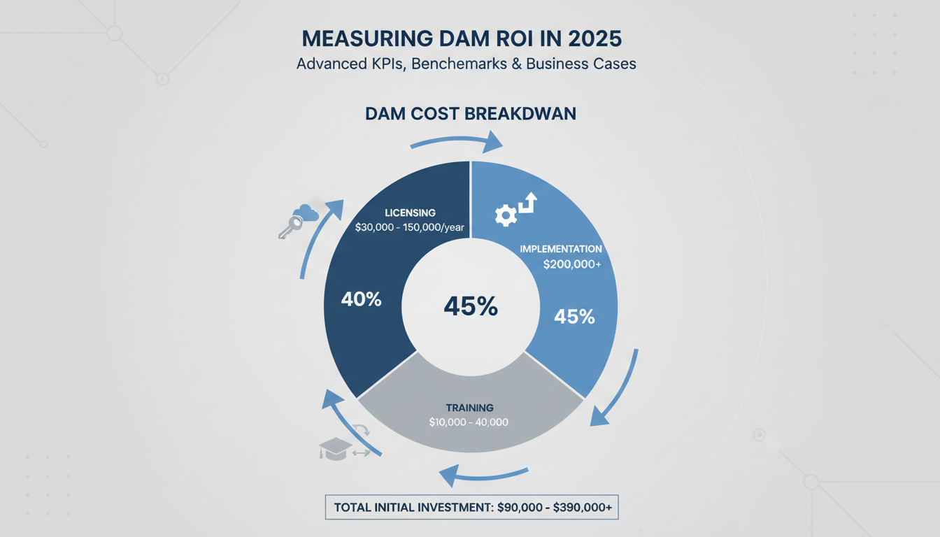 DAM ROI cost breakdown infographic showing implementation 45%, licensing 40%, training 15% for DAM business case analysis