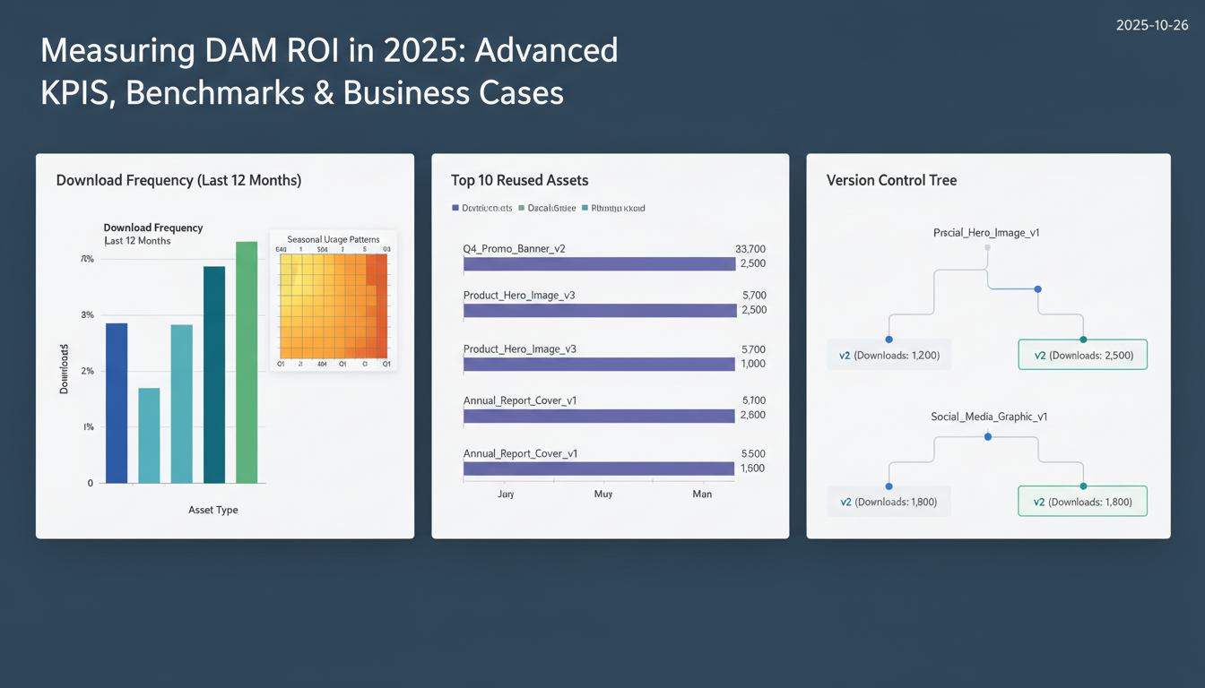 DAM ROI dashboard showing asset reuse analytics with bar charts, heat maps, and KPI metrics for measuring digital asset perfo