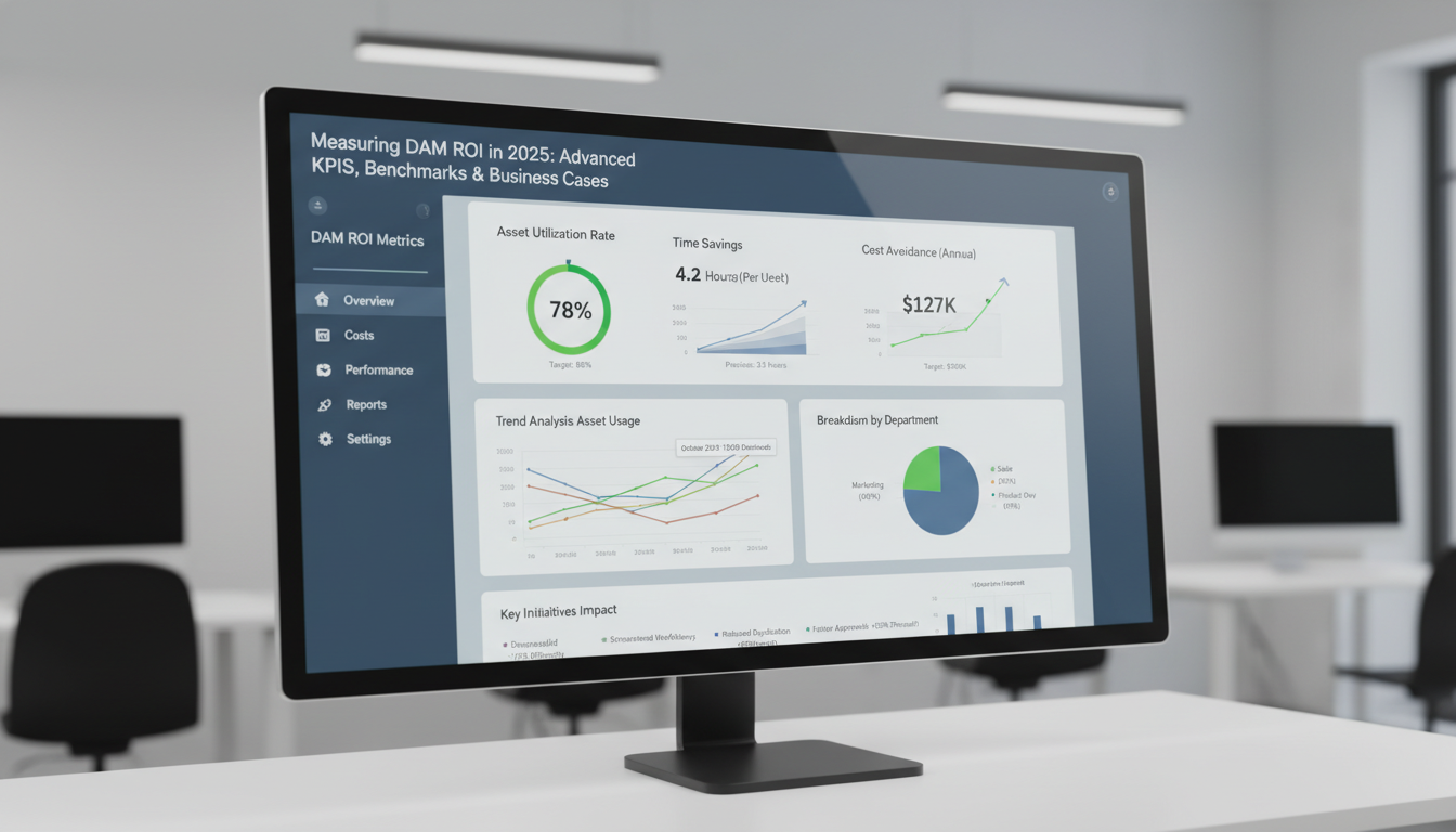 DAM ROI dashboard displaying key KPIs: 78% asset utilization, 4.2 hours weekly savings, $127K cost avoidance metrics