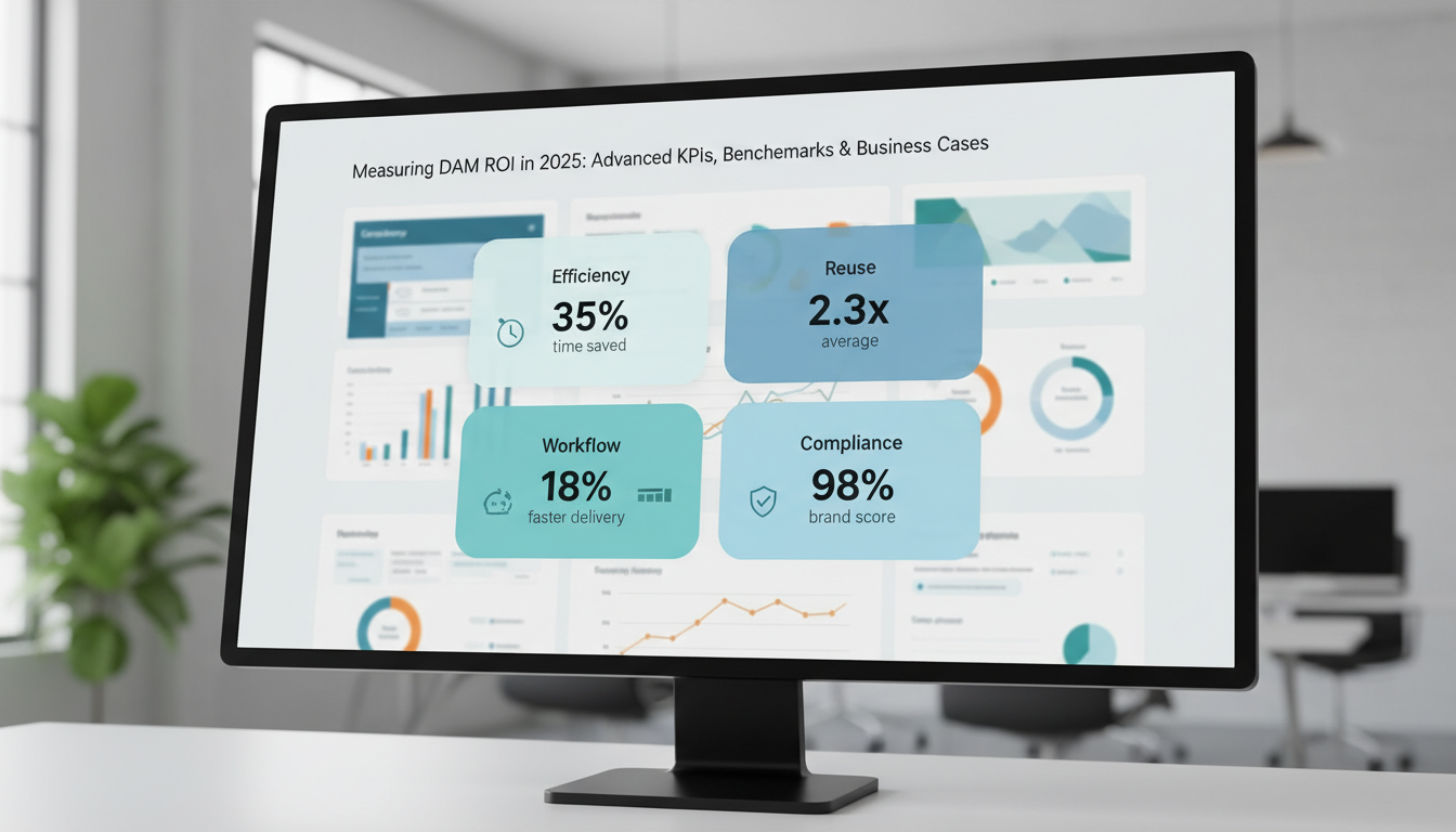 DAM ROI dashboard showing key performance metrics including efficiency gains, asset reuse rates, workflow speed and complianc