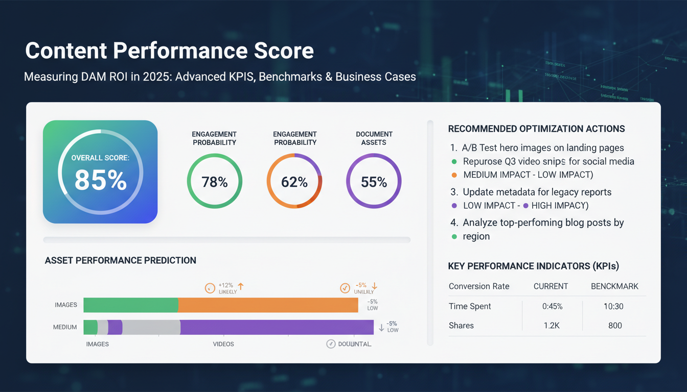 Modern DAM ROI dashboard displaying KPIs with performance scores, engagement metrics, and optimization recommendations for bu