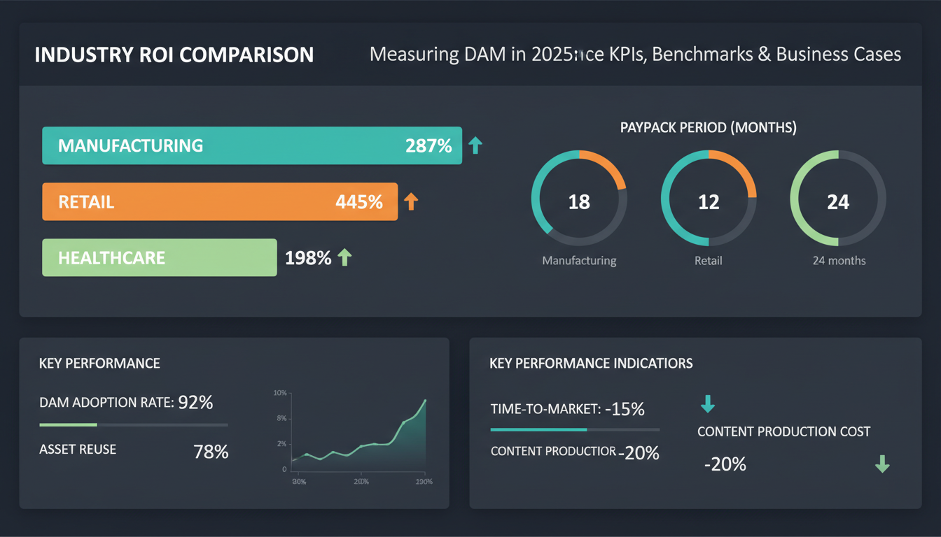 DAM ROI dashboard showing industry benchmarks: manufacturing 287%, retail 445%, healthcare 198% with KPI metrics