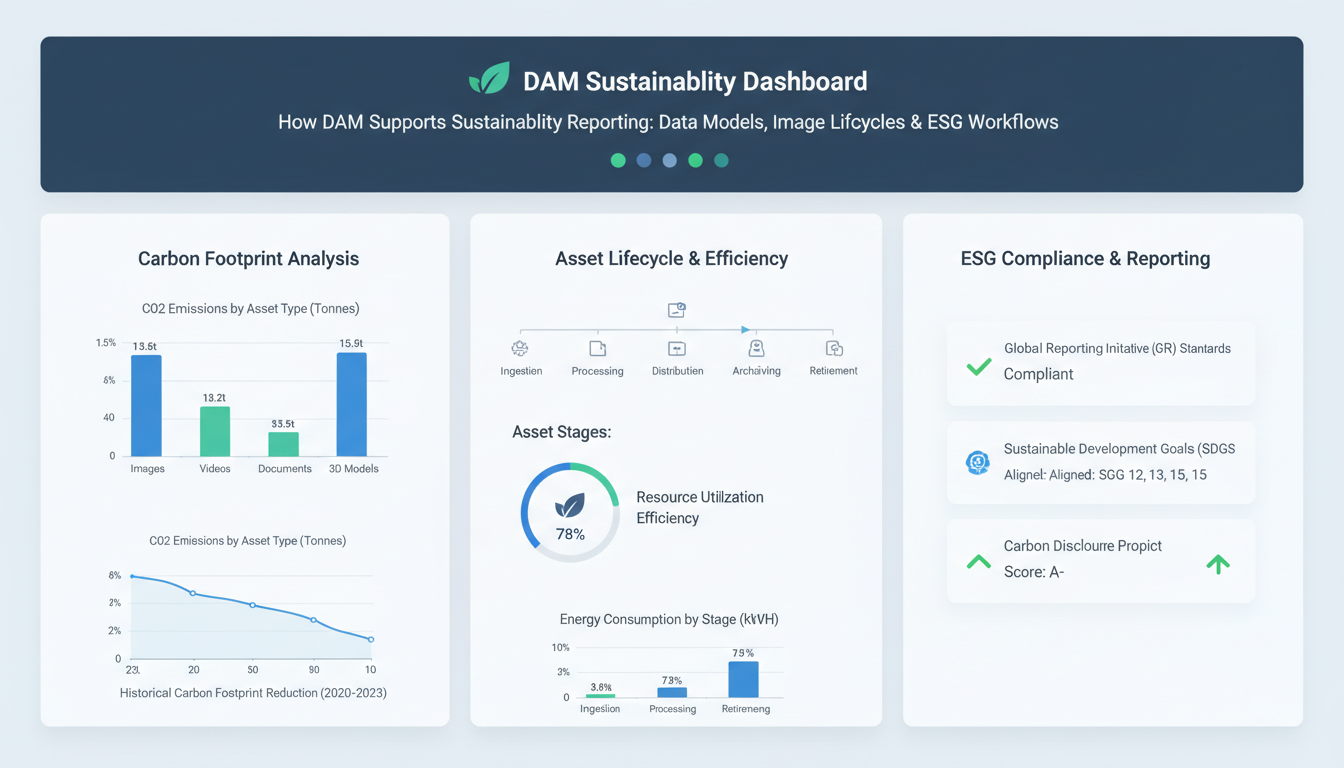 DAM ESG dashboard displaying sustainability reporting metrics, carbon footprint data, and digital asset lifecycle stages