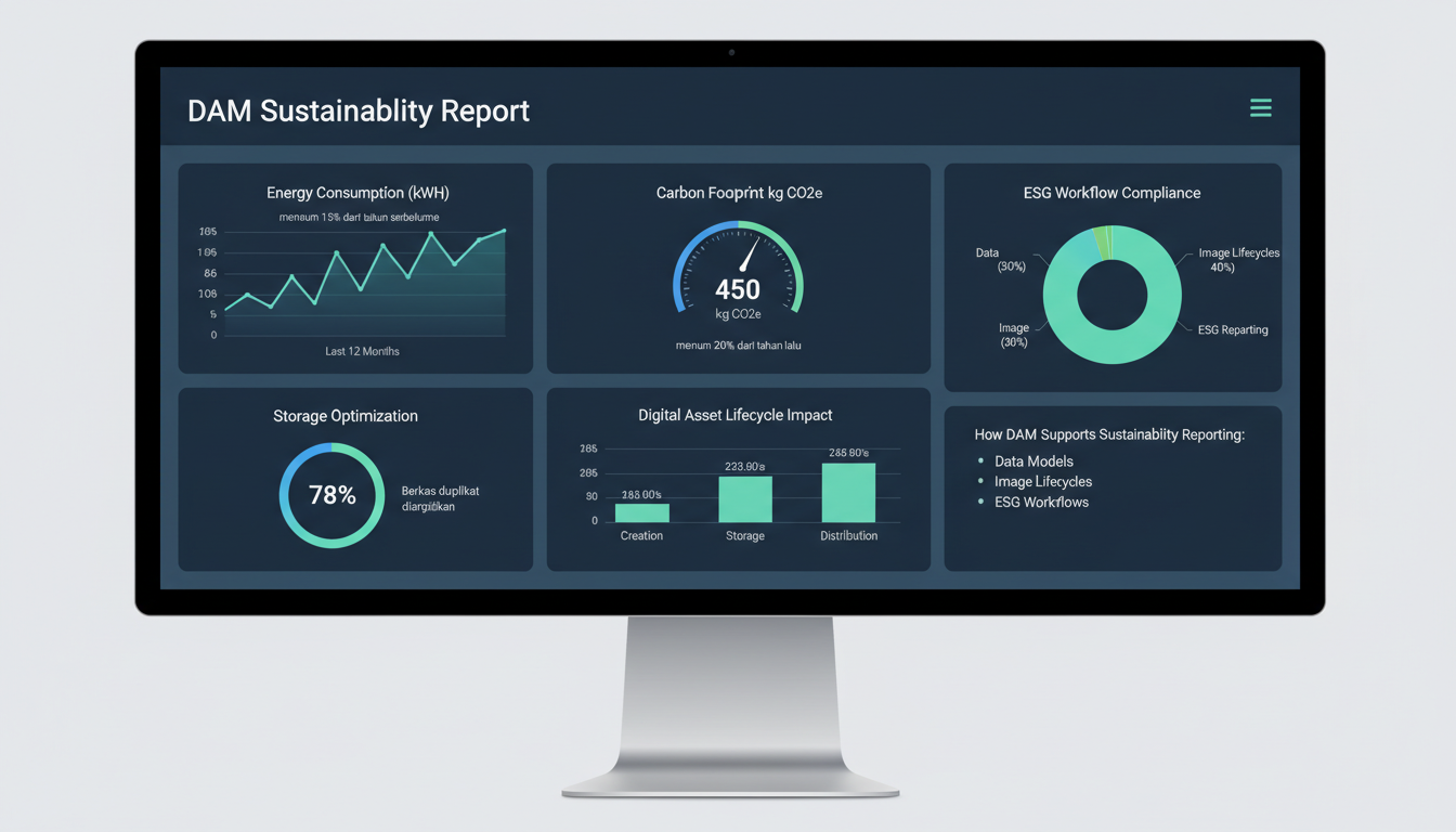 DAM sustainability dashboard displaying ESG metrics, energy graphs, and digital asset lifecycle carbon tracking for reporting