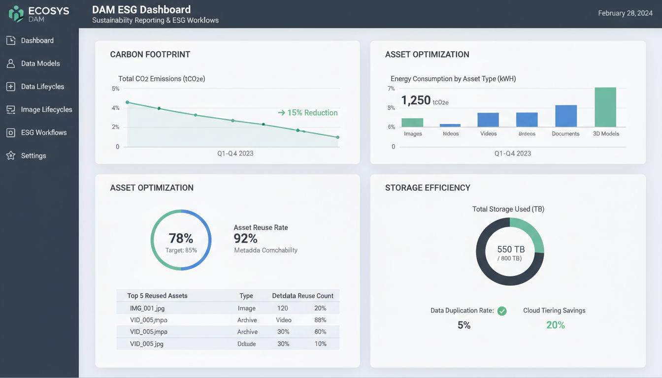 DAM ESG dashboard displaying sustainability reporting metrics including carbon footprint data and digital asset lifecycle opt