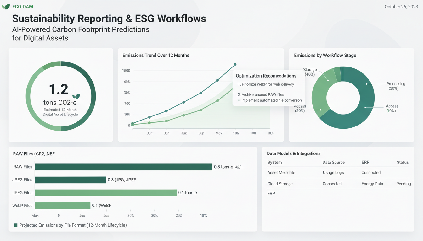 DAM ESG dashboard displaying sustainability reporting data with carbon footprint predictions for RAW JPEG WebP digital asset 