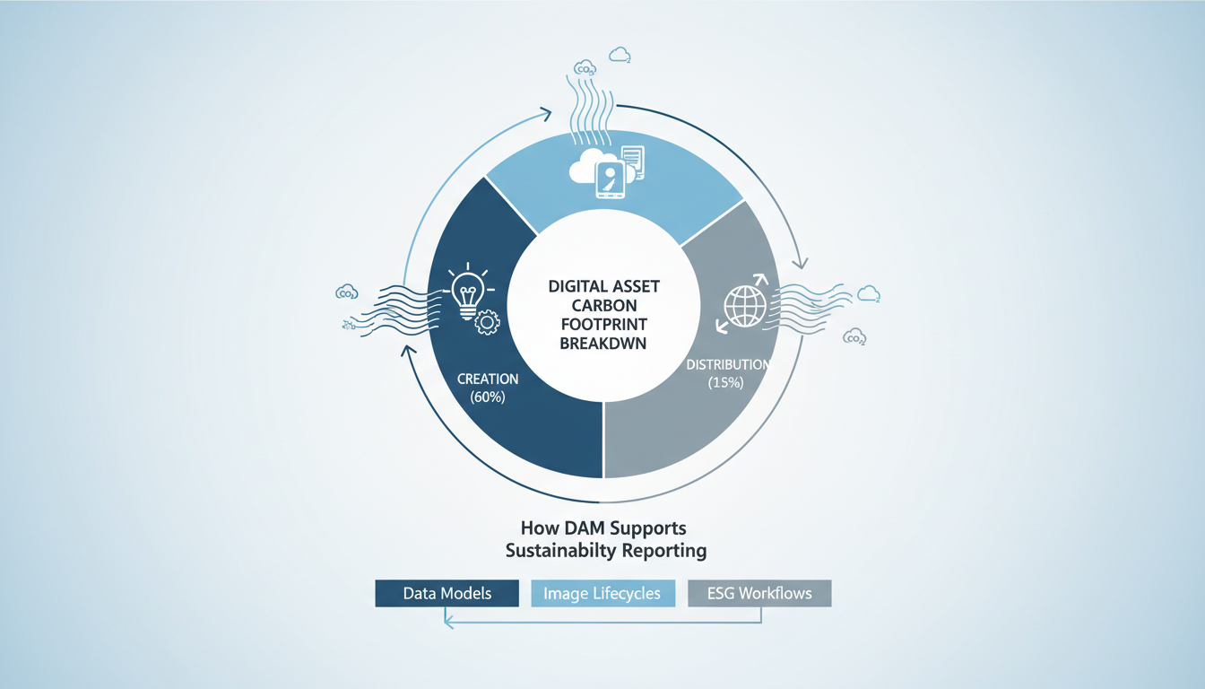 DAM ESG infographic showing digital asset lifecycle carbon footprint: 60% creation, 25% storage, 15% distribution for sustain