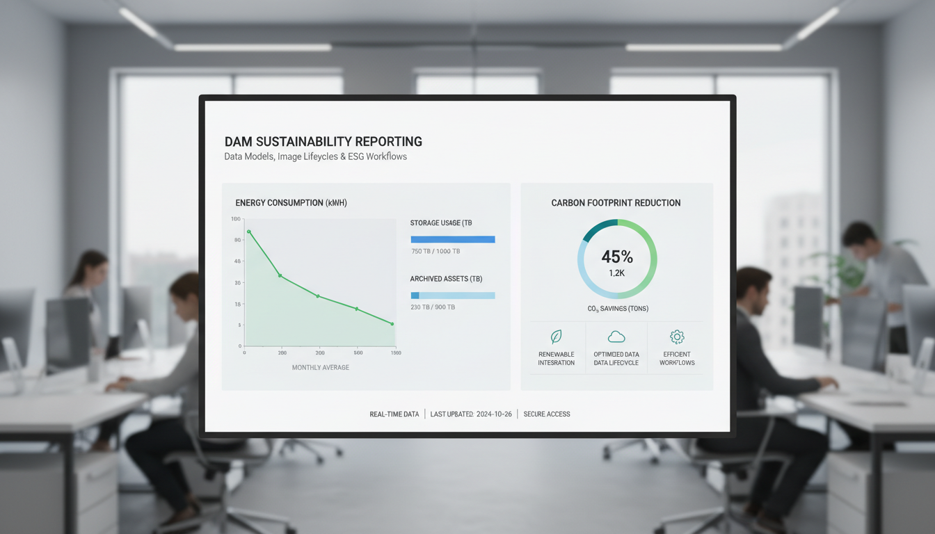 DAM sustainability dashboard displaying ESG metrics with energy graphs and carbon footprint data for reporting workflows