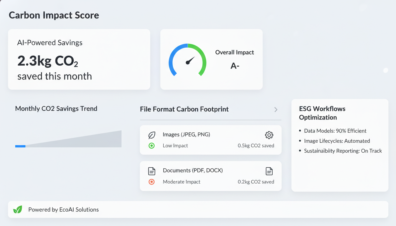 DAM ESG dashboard displaying sustainability reporting metrics with carbon impact scores and CO2 savings for digital asset lif