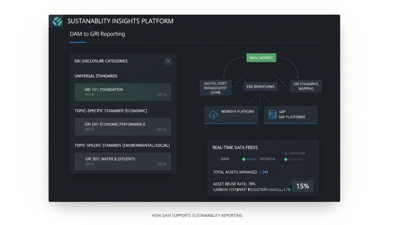 DAM ESG dashboard displaying sustainability reporting metrics with automated GRI mapping and real-time data feeds