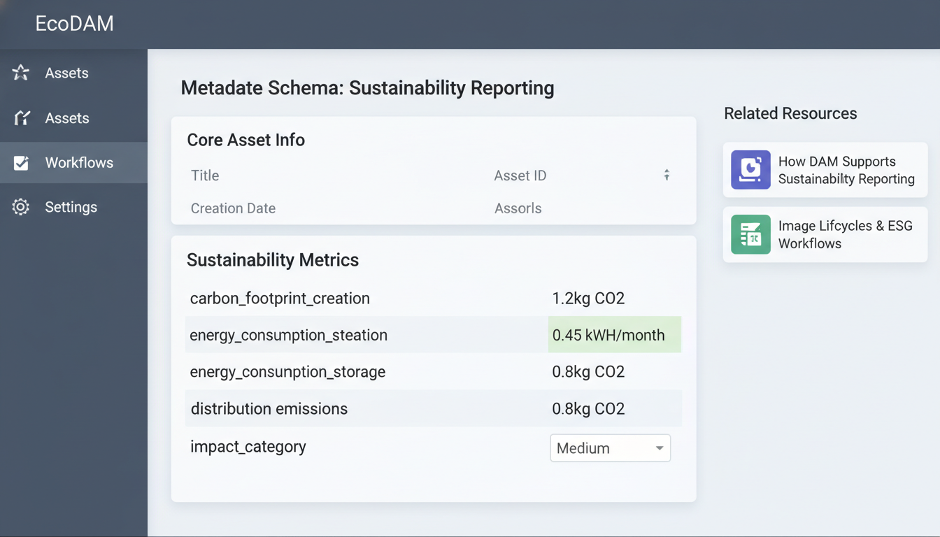 DAM ESG dashboard displaying sustainability metadata fields with carbon footprint and energy consumption data for reporting