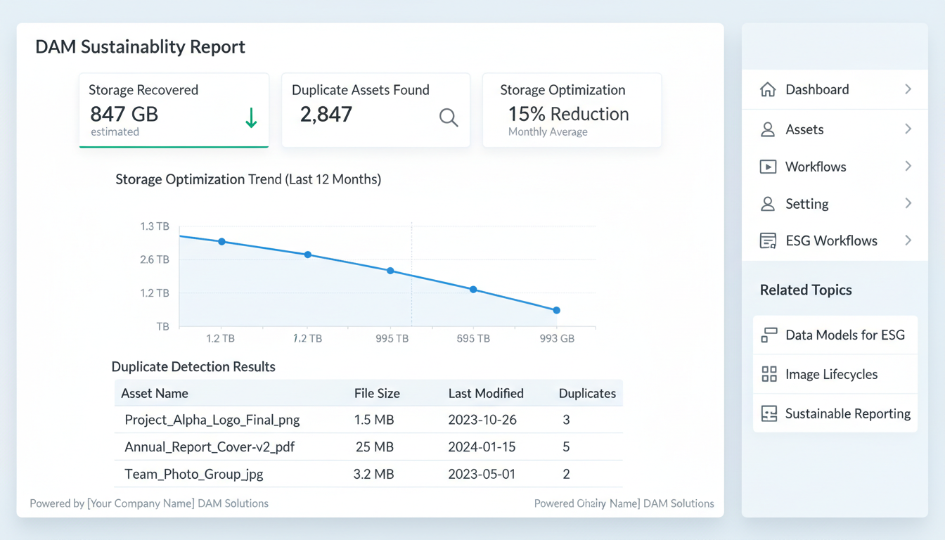DAM ESG dashboard showing sustainability reporting analytics with 847GB storage recovered from duplicate detection and optimi
