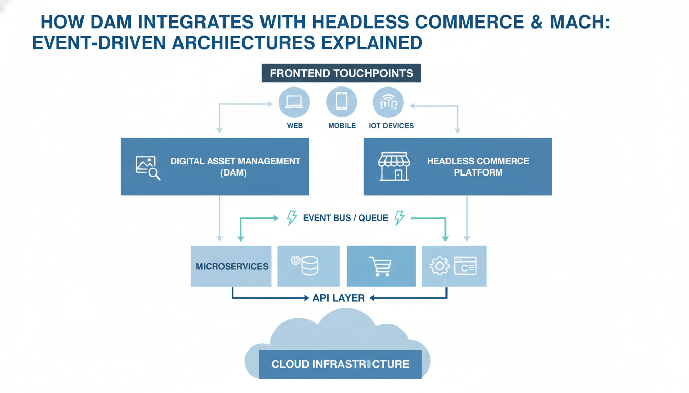 MACH architecture diagram showing microservices connected via API gateways to web mobile and IoT frontends for headless comme