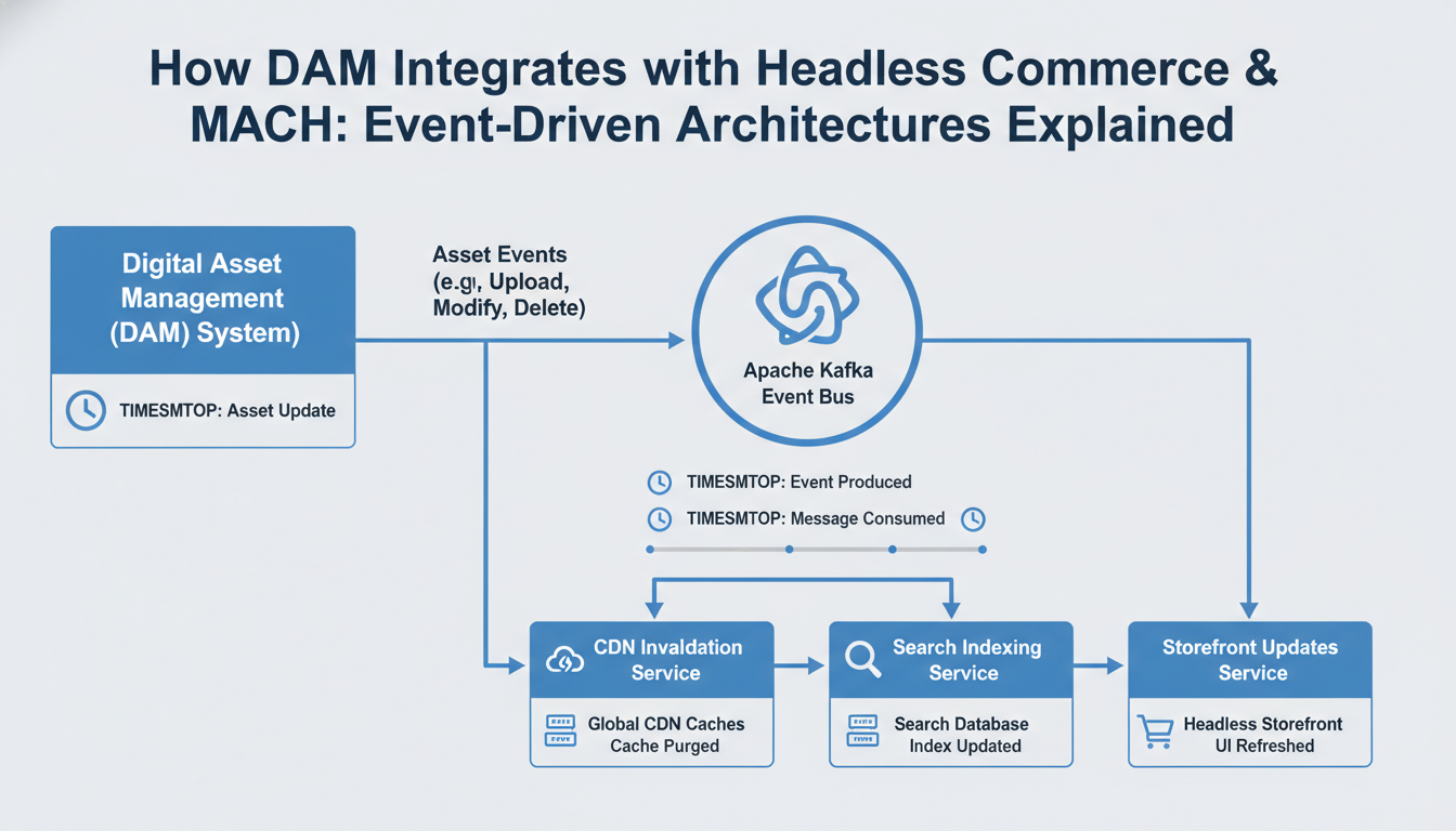 DAM headless commerce event-driven architecture diagram showing MACH microservices integration via Apache Kafka API gateway