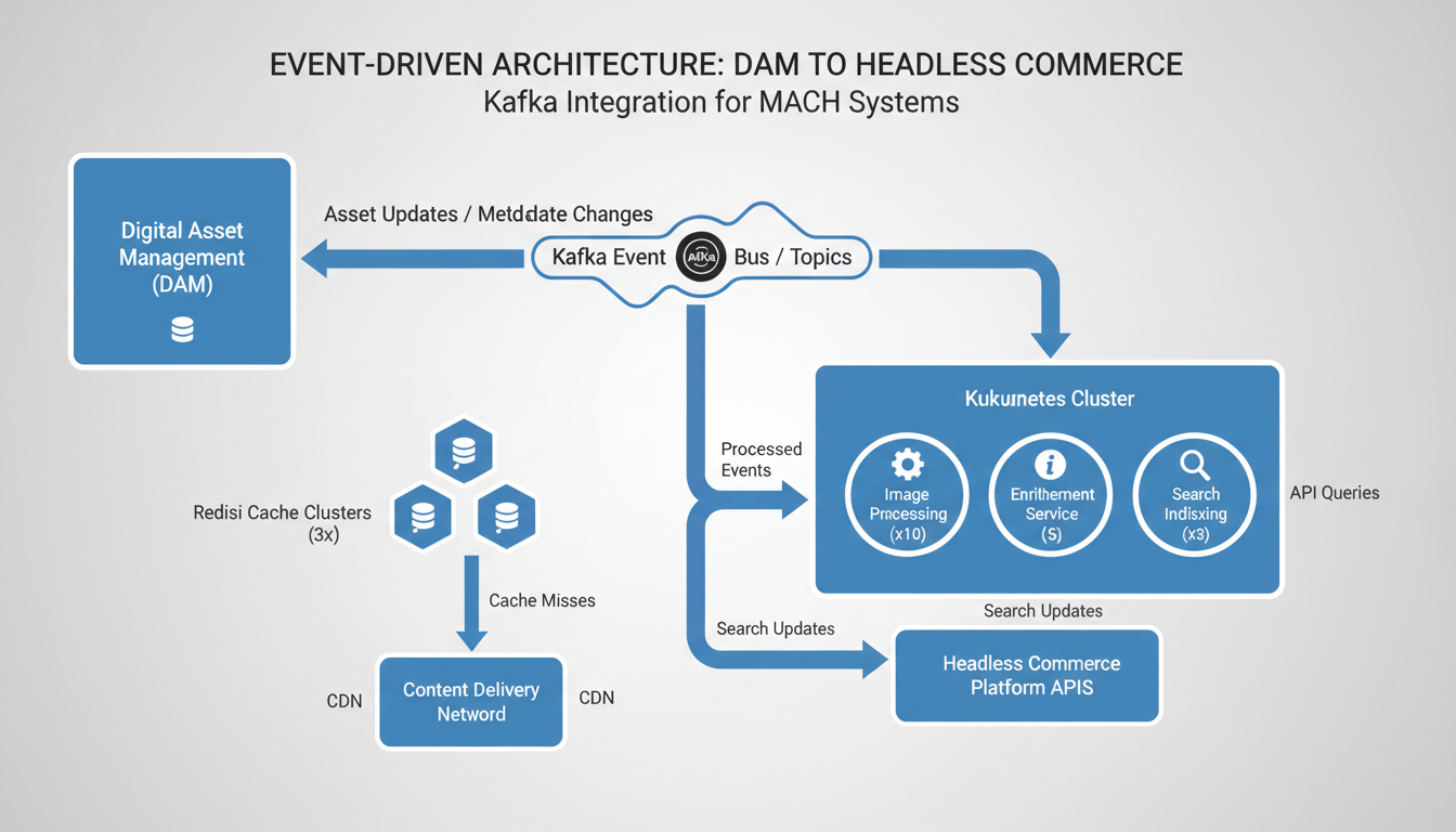 DAM headless commerce MACH architecture diagram with Kafka event streams connecting Redis cache and Kubernetes microservices 