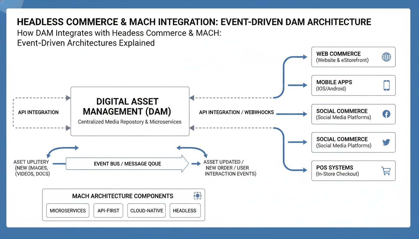 DAM system diagram showing headless commerce integration with MACH architecture using API connections and event-driven flows