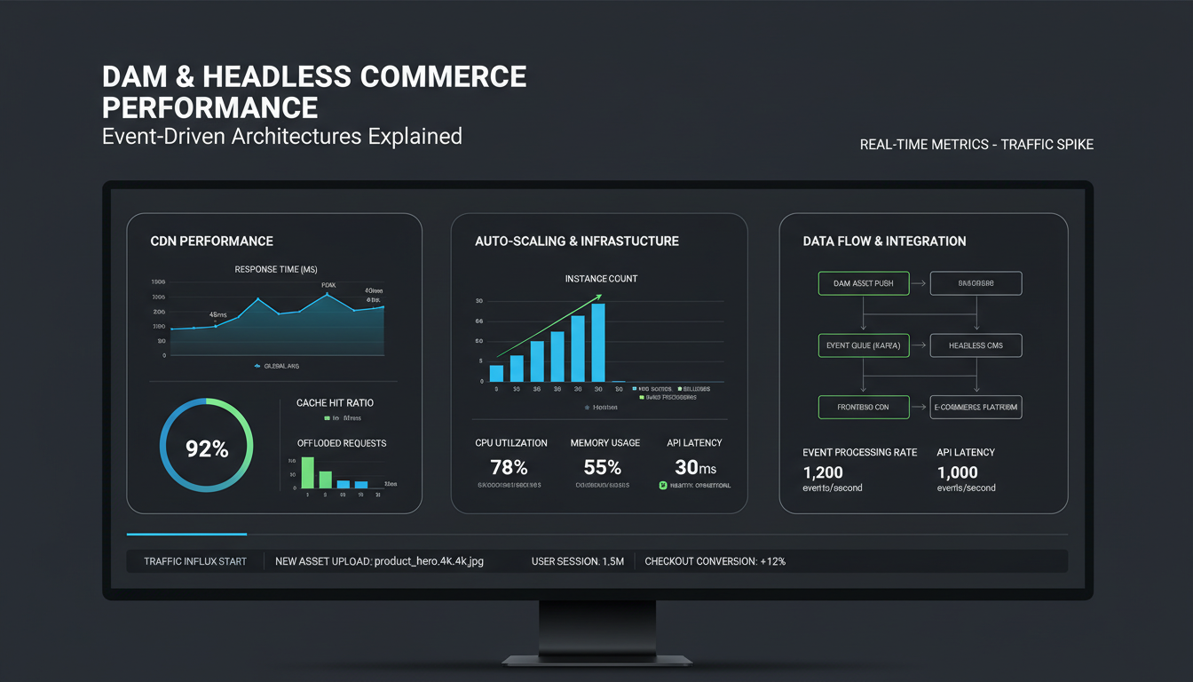 Performance dashboard displaying MACH architecture metrics with API gateway response times and microservices scaling data