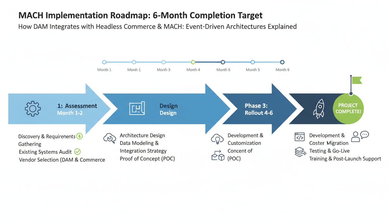 MACH architecture implementation timeline showing 3-phase roadmap for DAM headless commerce integration with microservices