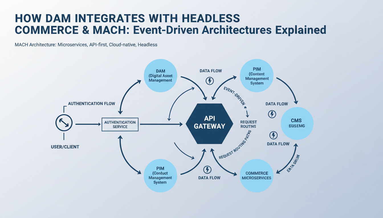 API gateway diagram showing DAM headless commerce integration with MACH architecture microservices and event-driven routing f
