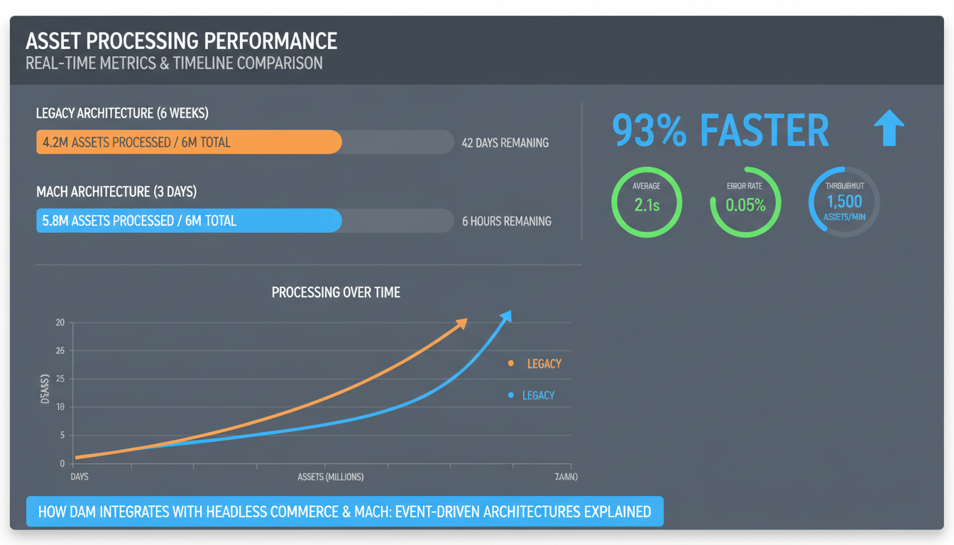 Dashboard showing MACH architecture performance metrics: 6 weeks legacy vs 3 days processing time for DAM headless commerce