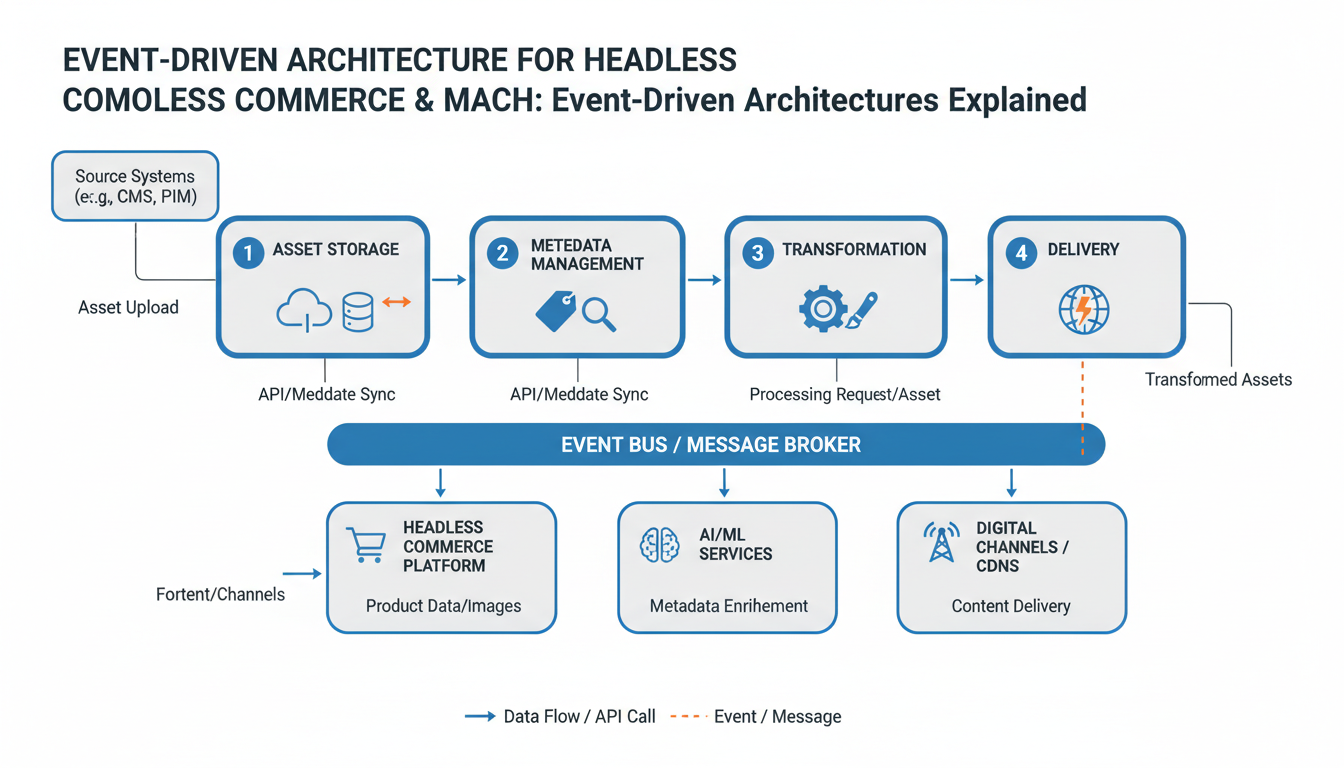 DAM microservices architecture diagram showing Asset Storage, Metadata Management, Transformation and Delivery services with 