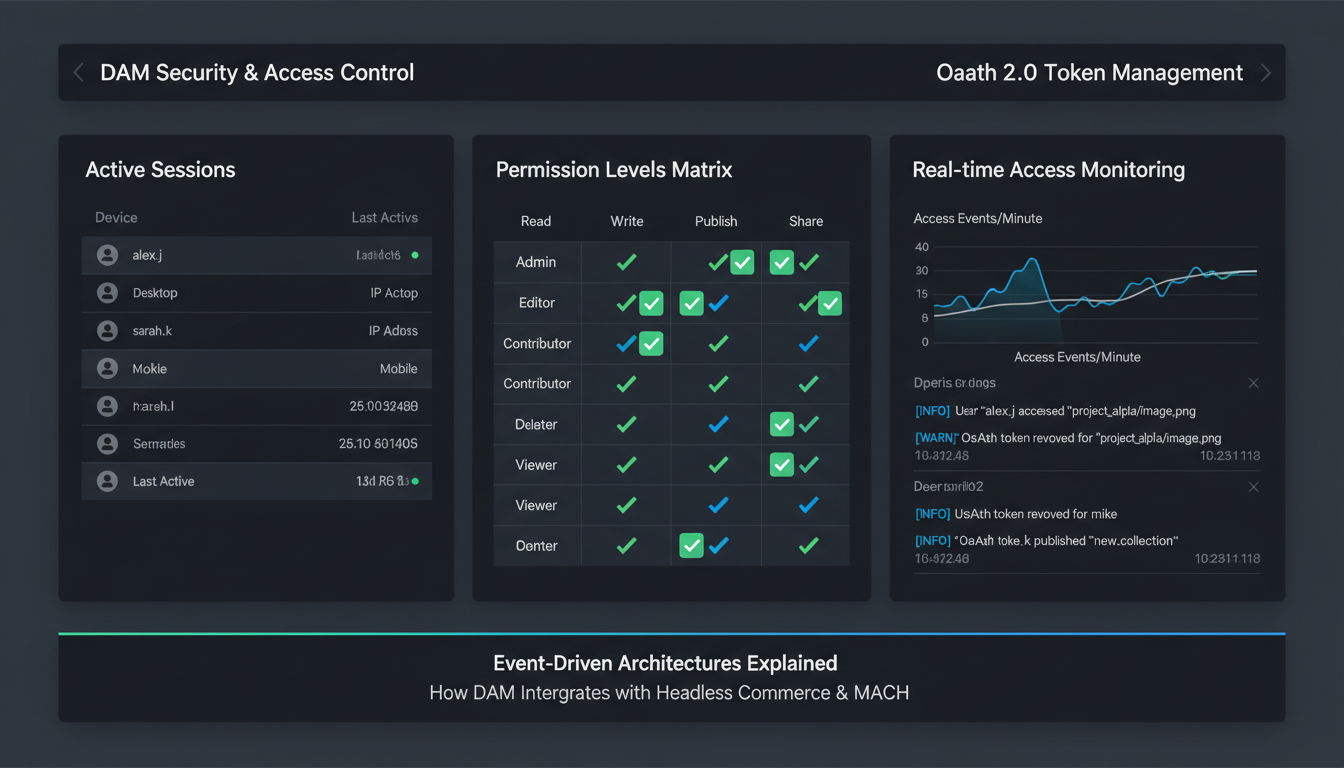 OAuth 2.0 security dashboard for DAM headless commerce integration showing API gateway access controls and microservices moni