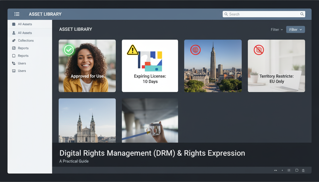 DAM interface showing digital rights management with green approved, yellow expiring license, and red territory restriction i