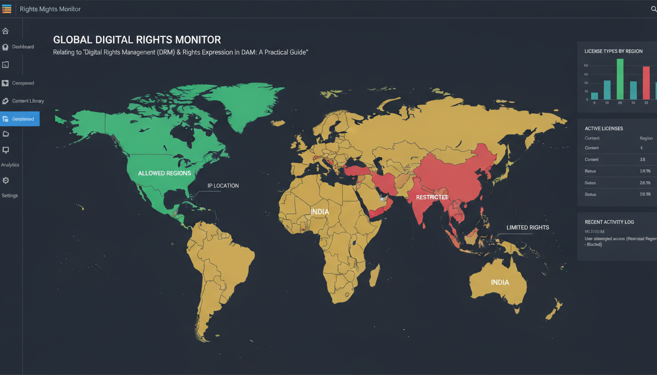 Digital rights management DRM dashboard showing territory rights map with green allowed and red restricted regions for DAM