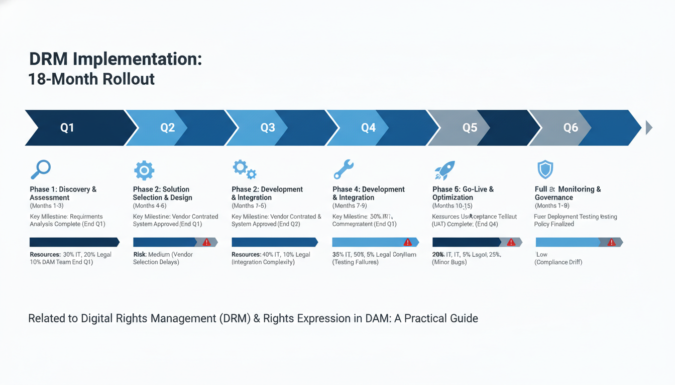 DRM implementation timeline infographic showing 18-month digital rights management phases with milestones and risk indicators