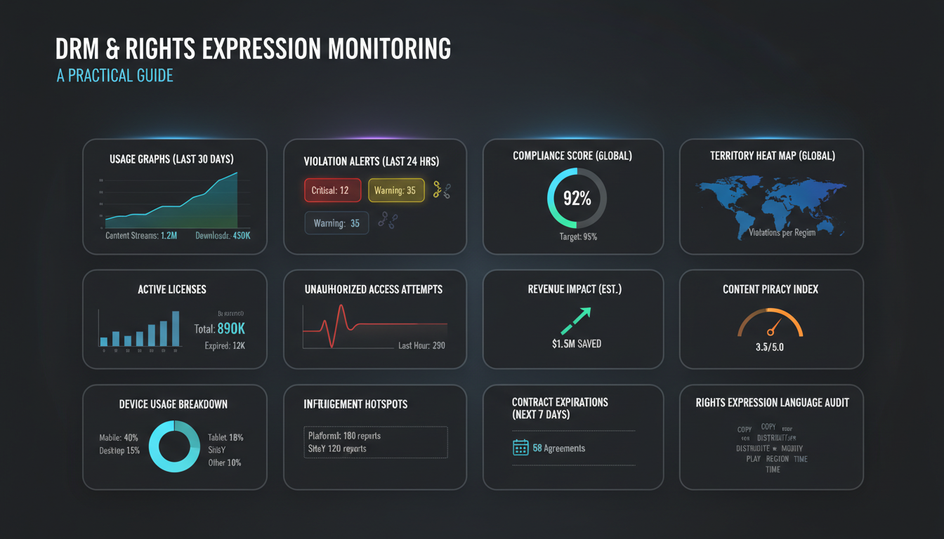 Digital rights management DRM dashboard displaying territory rights monitoring widgets with compliance metrics and expiry tra
