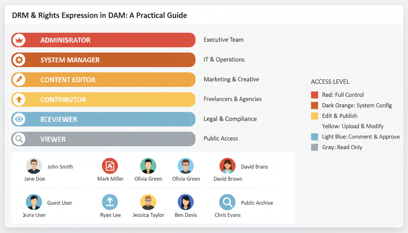 Digital rights management DRM dashboard showing 6-level permission hierarchy with color-coded access levels for DAM rights ex