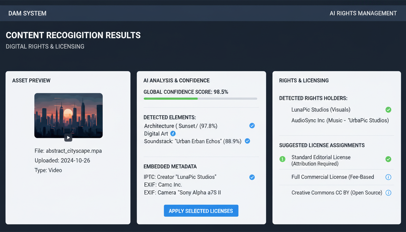 Digital rights management DRM dashboard showing AI content recognition with confidence scores and rights expression in DAM sy