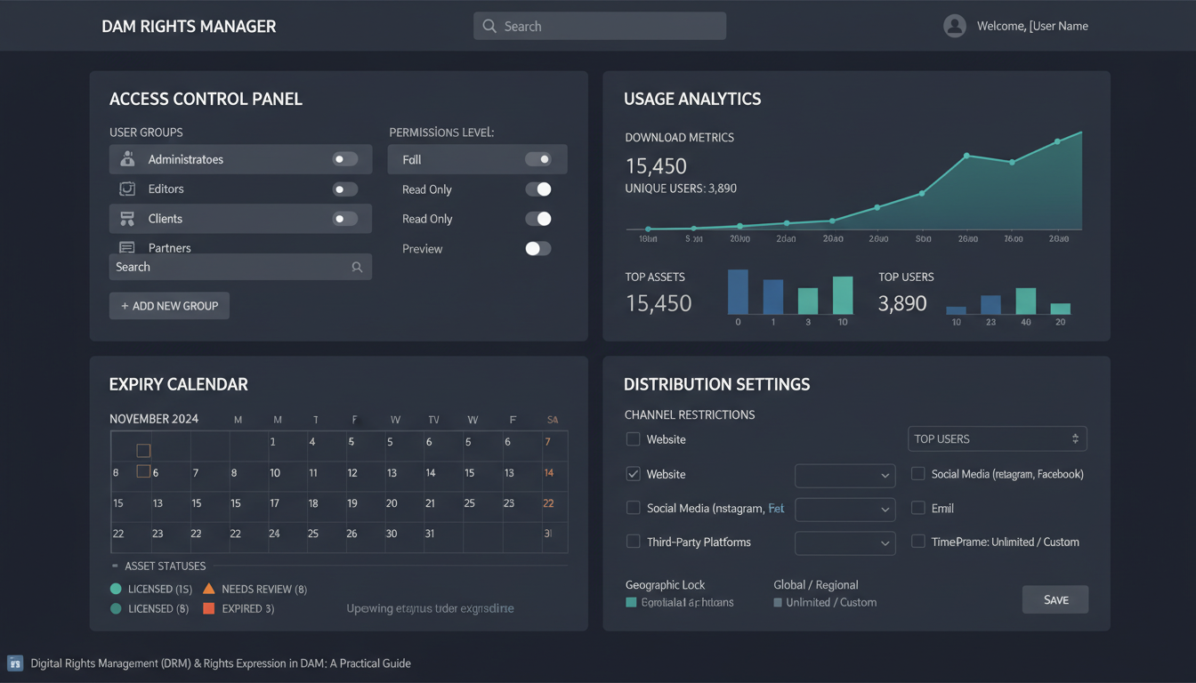 DAM rights management dashboard showing digital rights management DRM controls, expiry tracking, and territory rights setting
