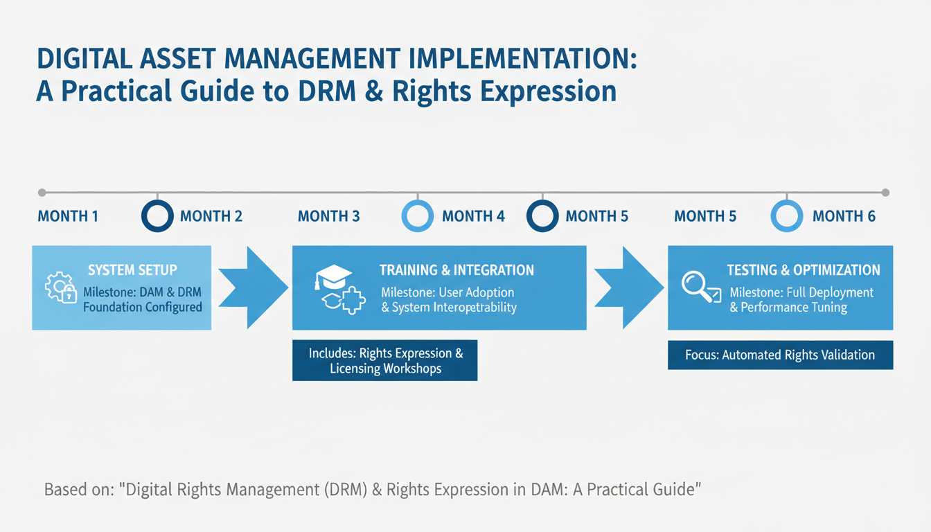 DAM implementation timeline showing 6-month digital rights management DRM integration phases from setup to optimization