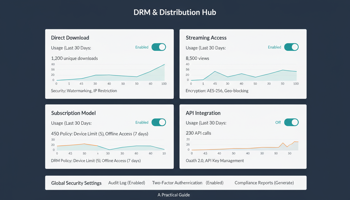Dashboard showing digital rights management DRM settings with delivery options, usage stats and territory rights controls