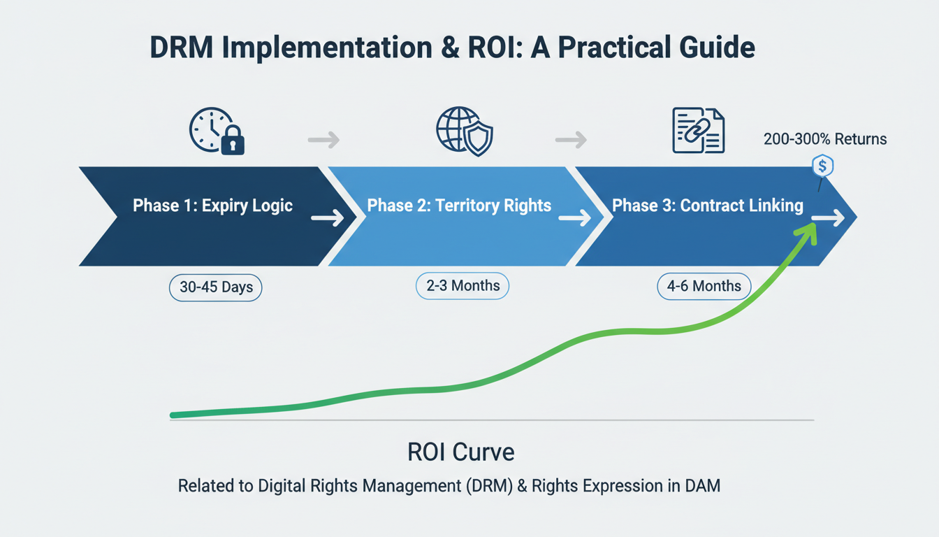 DRM implementation timeline showing 3 phases: expiry logic, territory rights, contract linking with 200-300% ROI for DAM syst