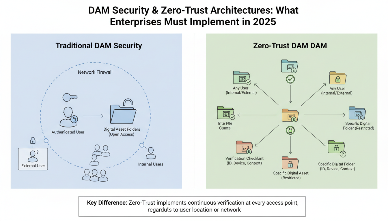 DAM security diagram comparing traditional vs zero-trust architecture with user access verification and encrypted asset folde