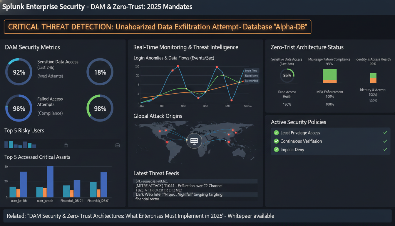 Splunk SIEM dashboard displaying DAM security zero-trust metrics with threat detection alerts and real-time monitoring graphs
